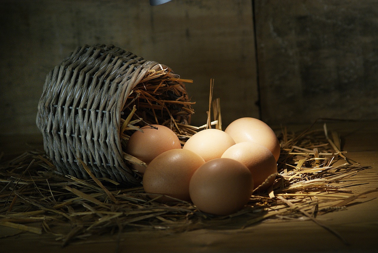 Huevos camperos en cesto de mimbre